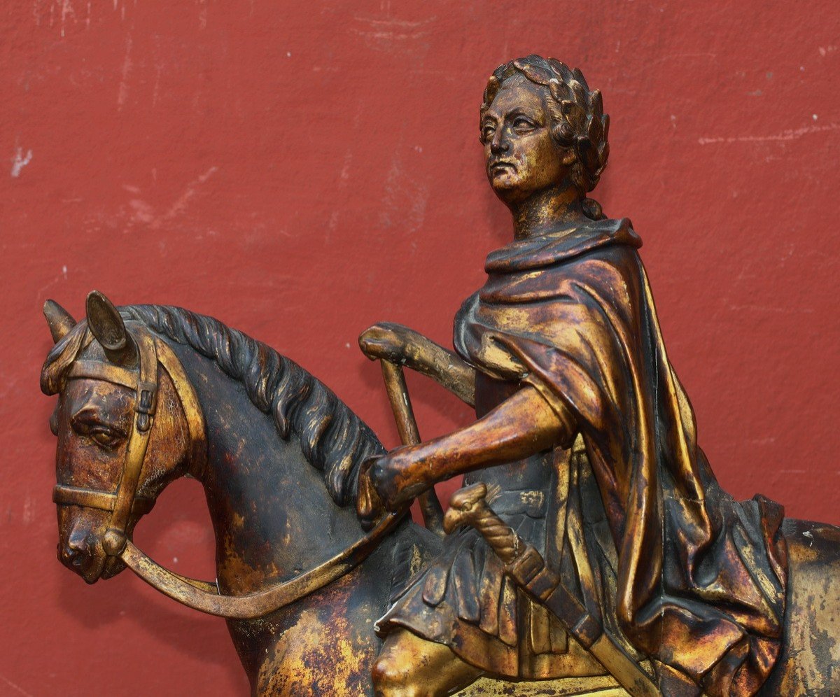 Louis XV On Horseback, As A Roman Emperor, Golden Wood Sculpture-photo-4