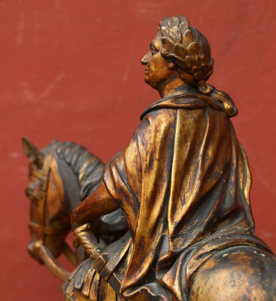 Louis XV à Cheval, En Empereur Romain, Sculpture En Bois Doré-photo-5