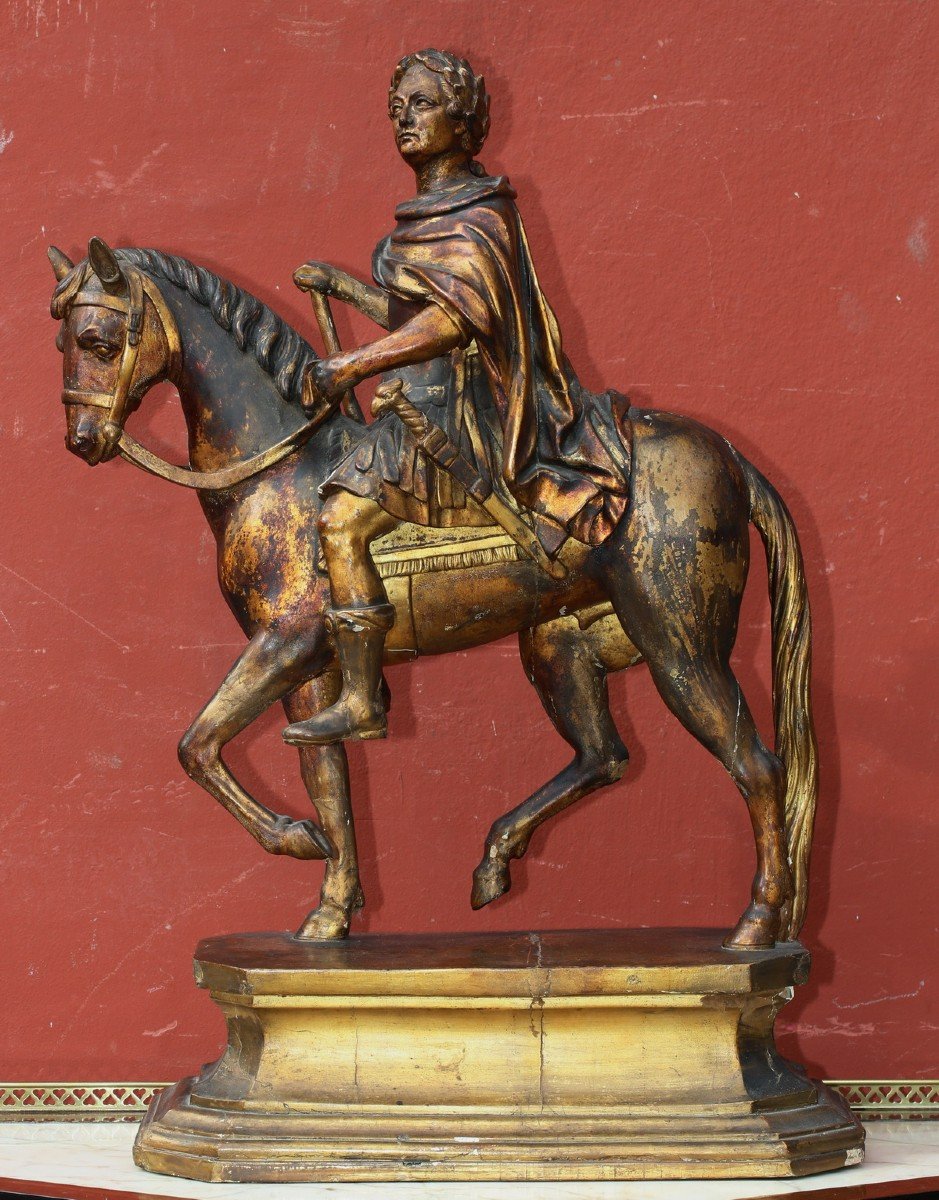 Louis XV On Horseback, As A Roman Emperor, Golden Wood Sculpture