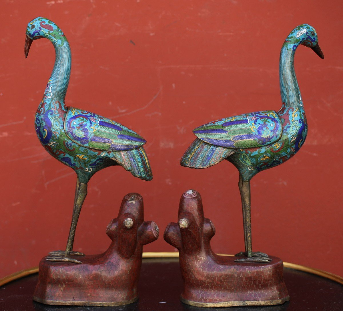 Pair Of Cloisonne Enamel Cranes On A Turquoise Background, China Late 19th Century-photo-2