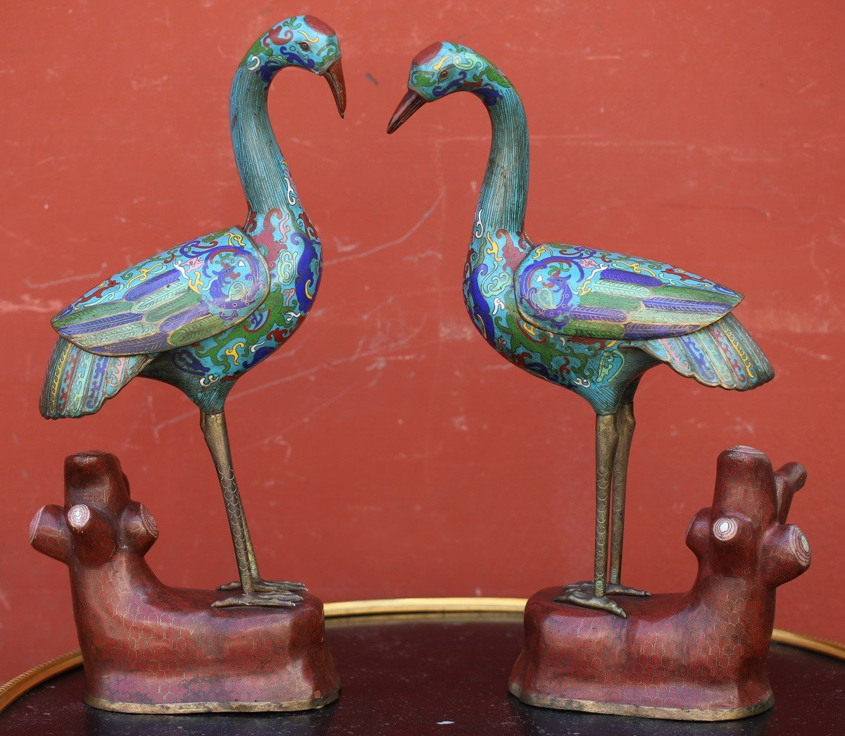 Pair Of Cloisonne Enamel Cranes On A Turquoise Background, China Late 19th Century