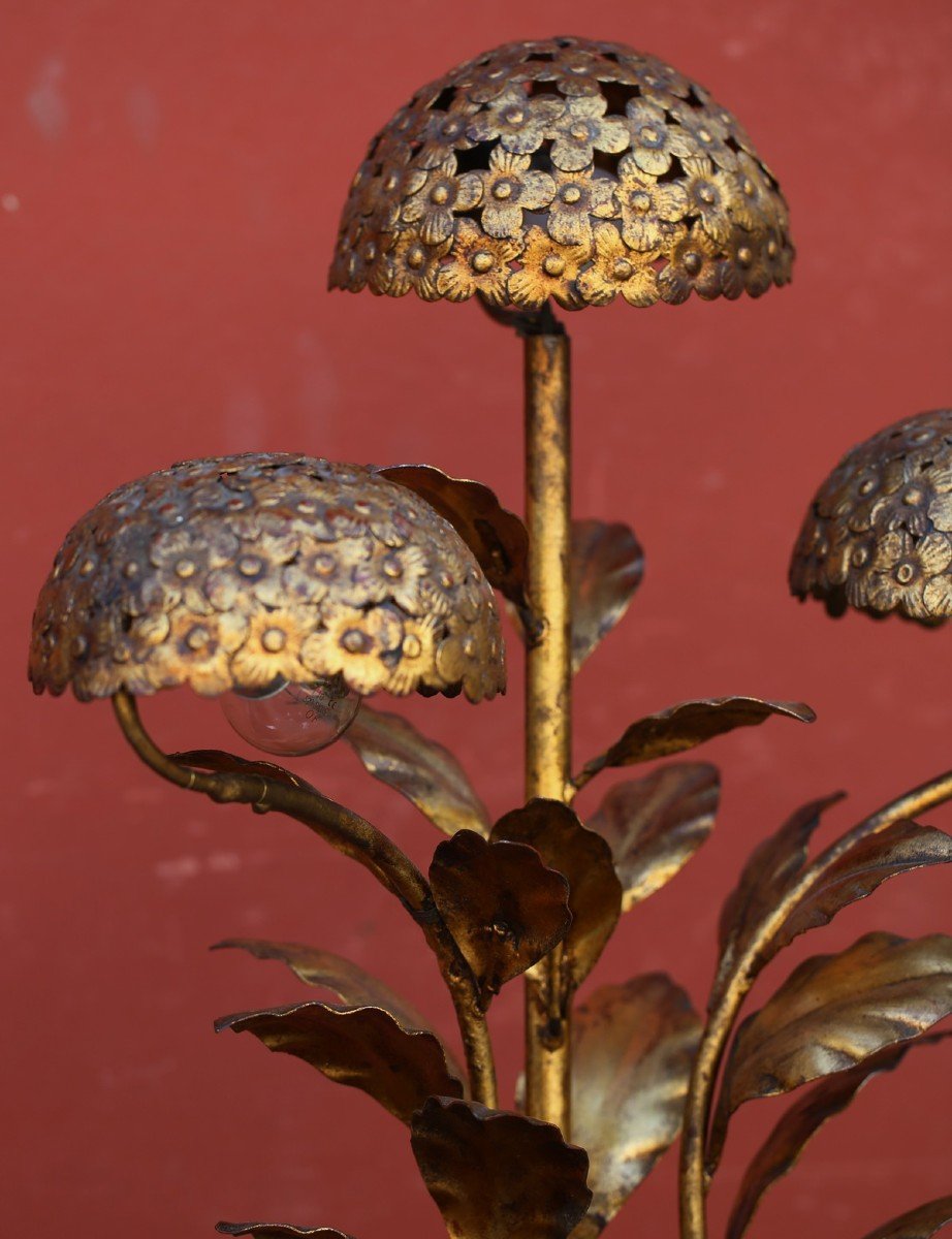 Lamp In Wood And Gilded Sheet With Hortansia, Art Nouveau Period-photo-2