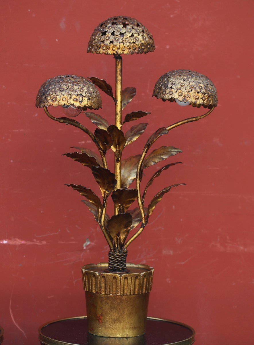 Lamp In Wood And Gilded Sheet With Hortansia, Art Nouveau Period