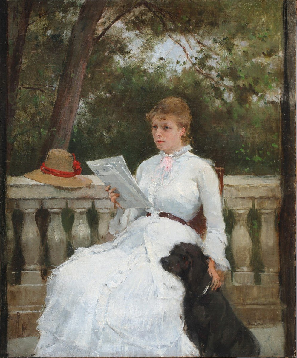 Ecole Française Du XIXe Siècle,  Jeune Femme Lisant Et Son Chien, Huile Sur Toile. -photo-2