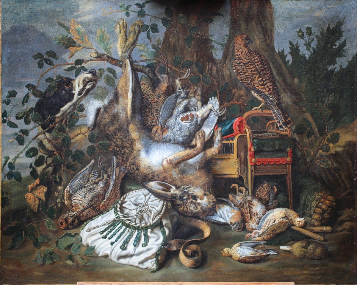 Christiaan LUYCKX 1623-1677, Nature Morte Aux Chien De Chasse, Gibier, Faucon.-photo-2