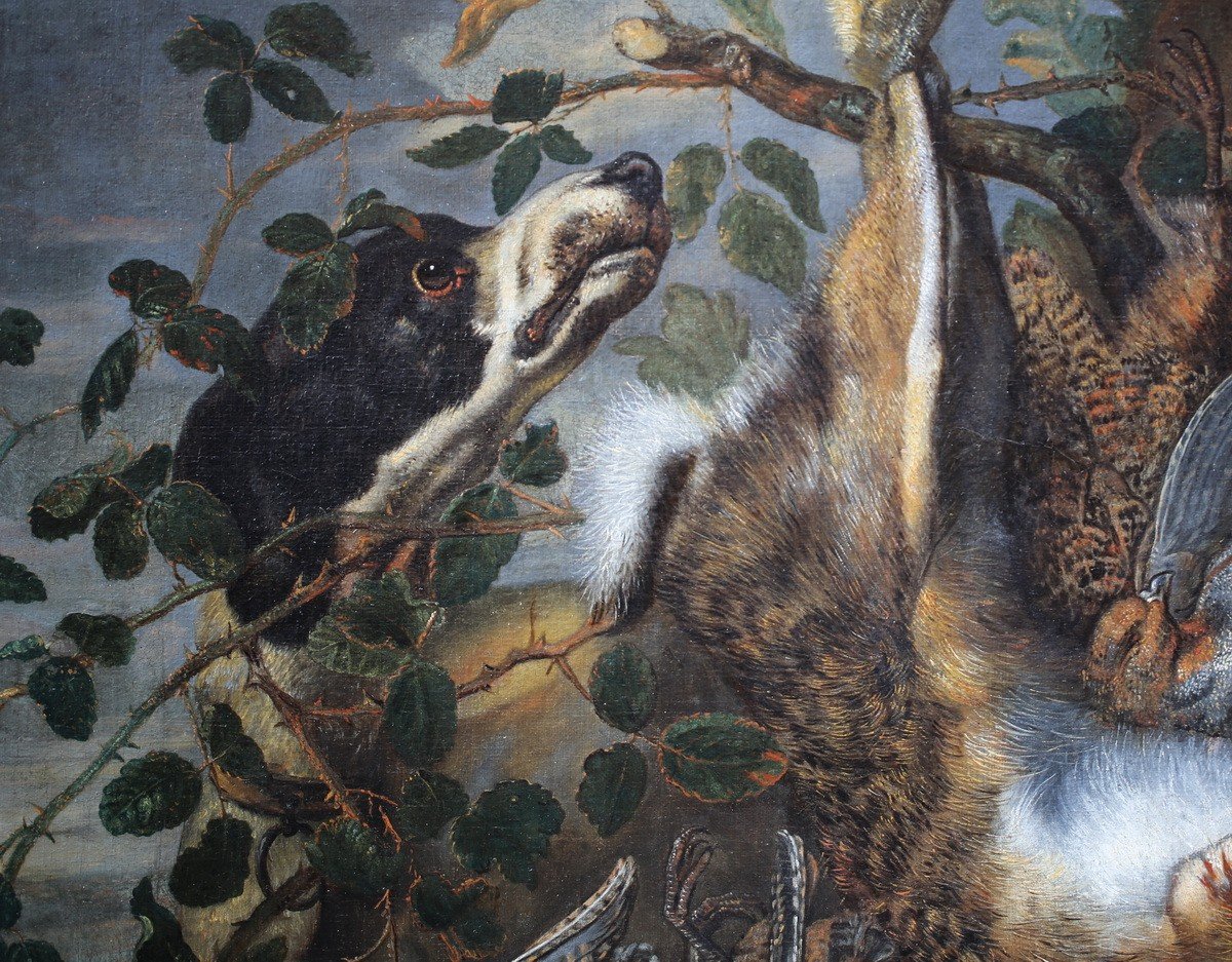 Christiaan LUYCKX 1623-1677, Nature Morte Aux Chien De Chasse, Gibier, Faucon.-photo-3