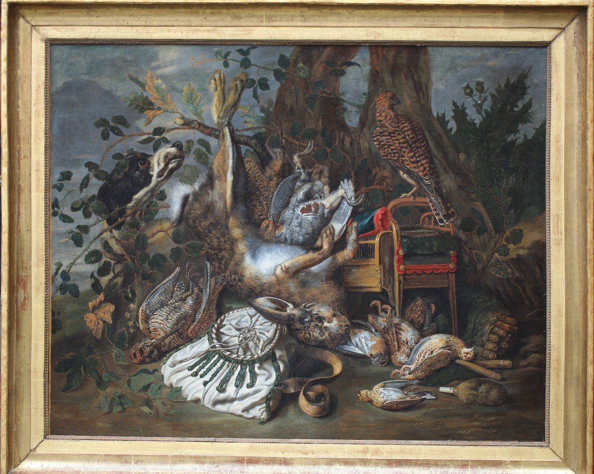 Christiaan LUYCKX 1623-1677, Nature Morte Aux Chien De Chasse, Gibier, Faucon.