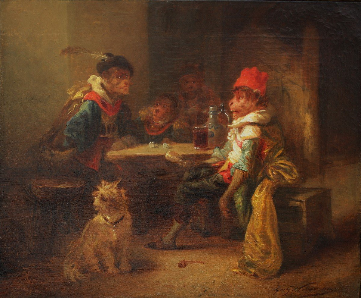 Zacharie Noterman (1820-1890) "singes Et Chien Dans Une Taverne", Huile Sur Toile.-photo-2
