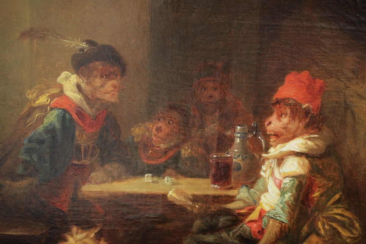 Zacharie Noterman (1820-1890) "singes Et Chien Dans Une Taverne", Huile Sur Toile.-photo-3