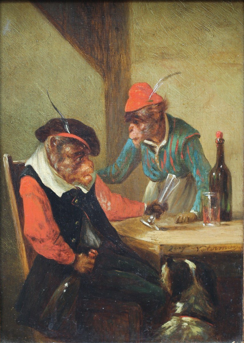 Zacharie Noterman 1820-1890 Drunk Monkey Oil On Wood.-photo-2