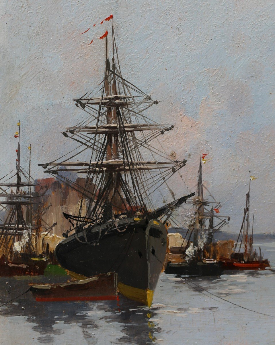 Eugène Galien-laloue (1854-1941), Ships In Port, Pair Of Oil Paintings On Wood, -photo-1