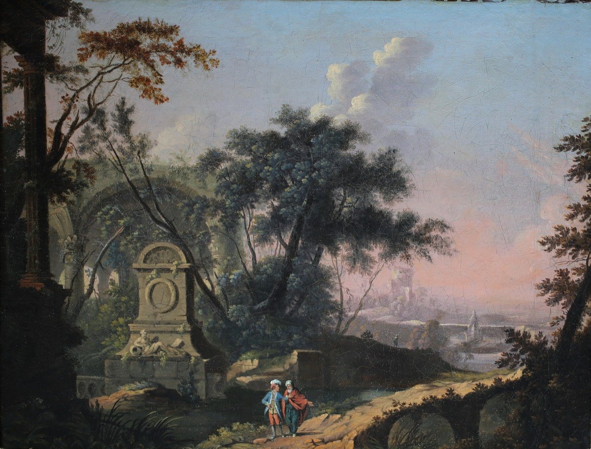 Jan Van Huysum 1682-1749 Autour De, Paysage Et Fontaine.-photo-2