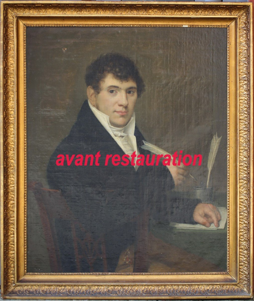 French School Of The 19th Century, Portrait Of A Young Man Writing.-photo-1