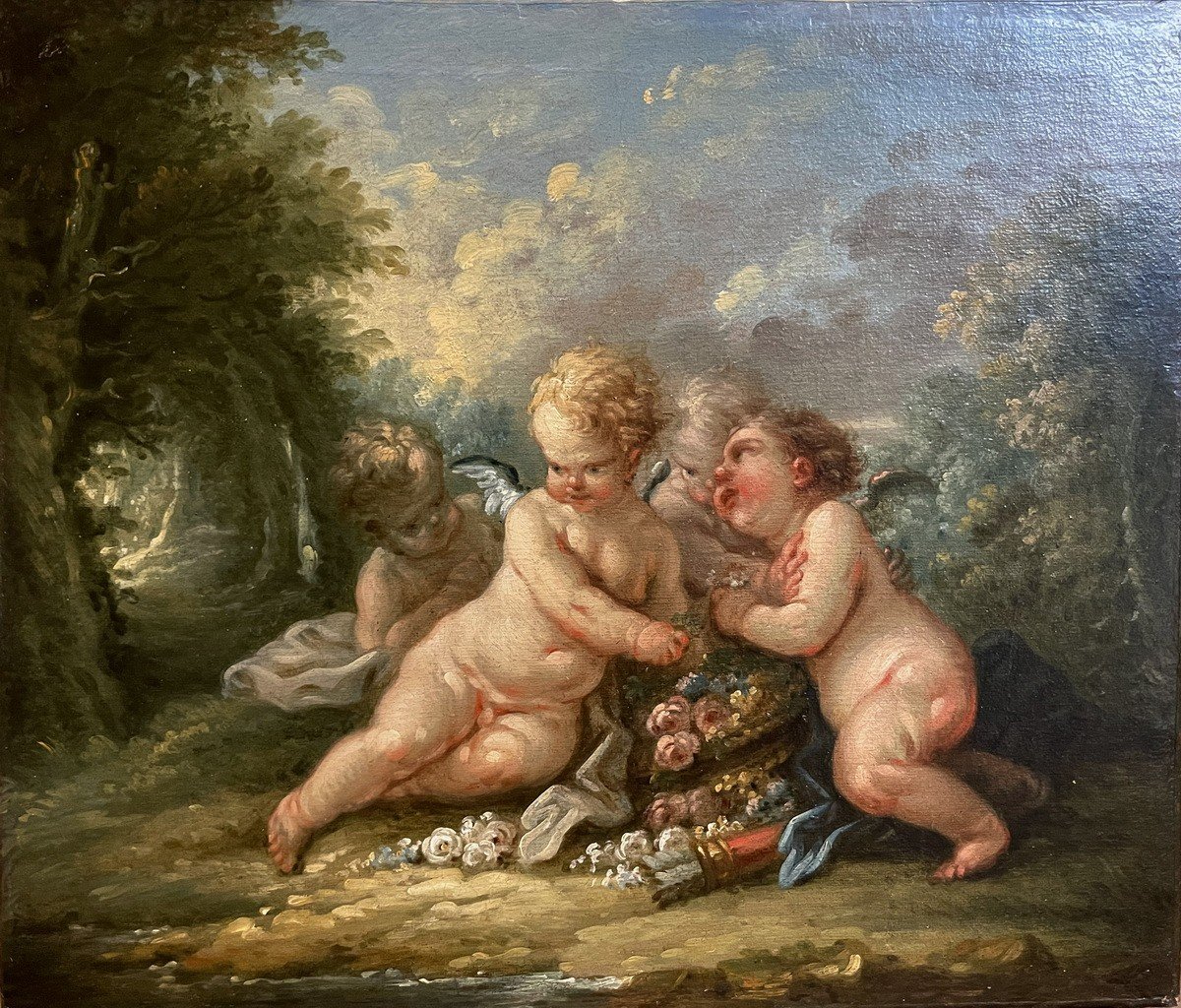 Francois Boucher 1703-1770 Workshop Of, Cherubs At The Vasque Of Flowers.-photo-2