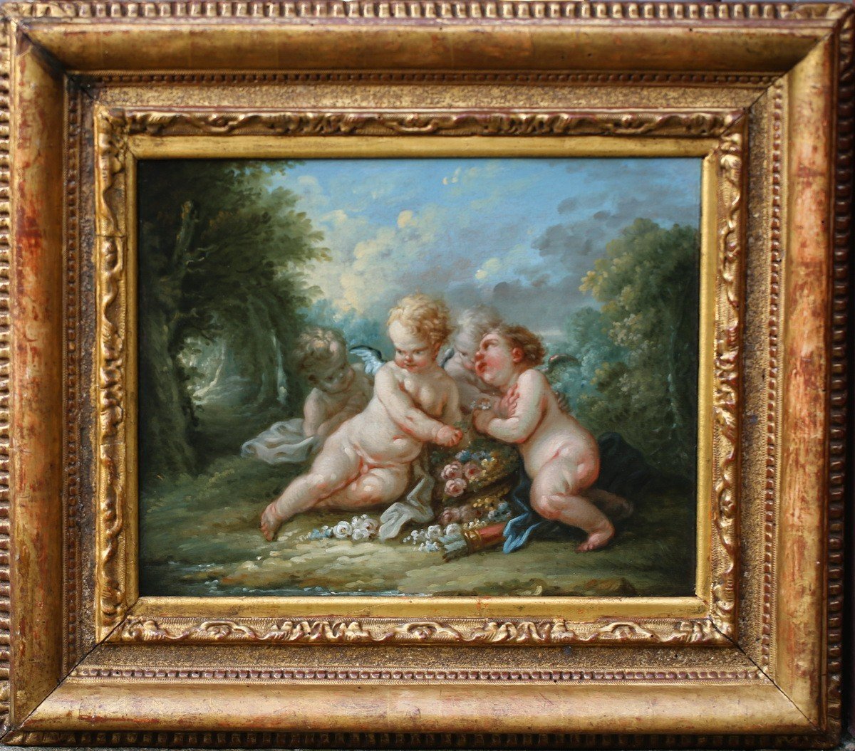 Francois Boucher 1703-1770 Workshop Of, Cherubs At The Vasque Of Flowers.