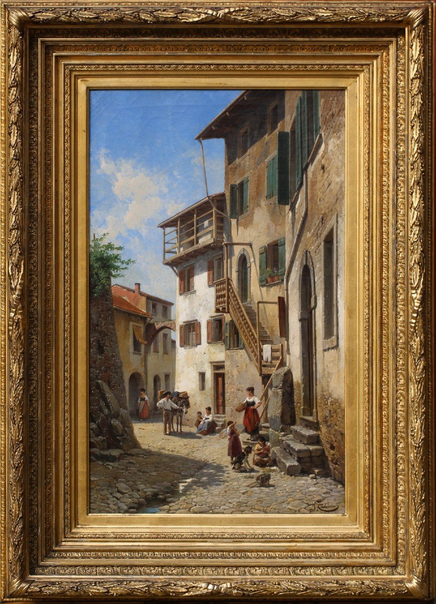 Jacques Carabain 1834-1933 Scène De Rue En Italie à Riva En 1885.