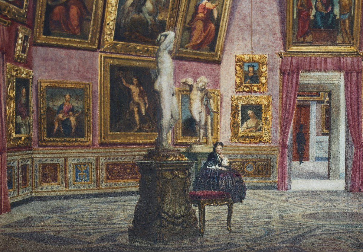 Domenico Caligo Active 1862-1880, Interior View Of The Pitti Palace, Watercolor On Paper.-photo-1