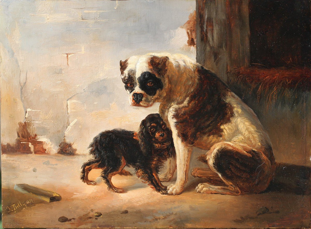 Ecole Française Du XIXème, S Belly 1853, Deux Chiens, Huile Sur Panneau .-photo-2