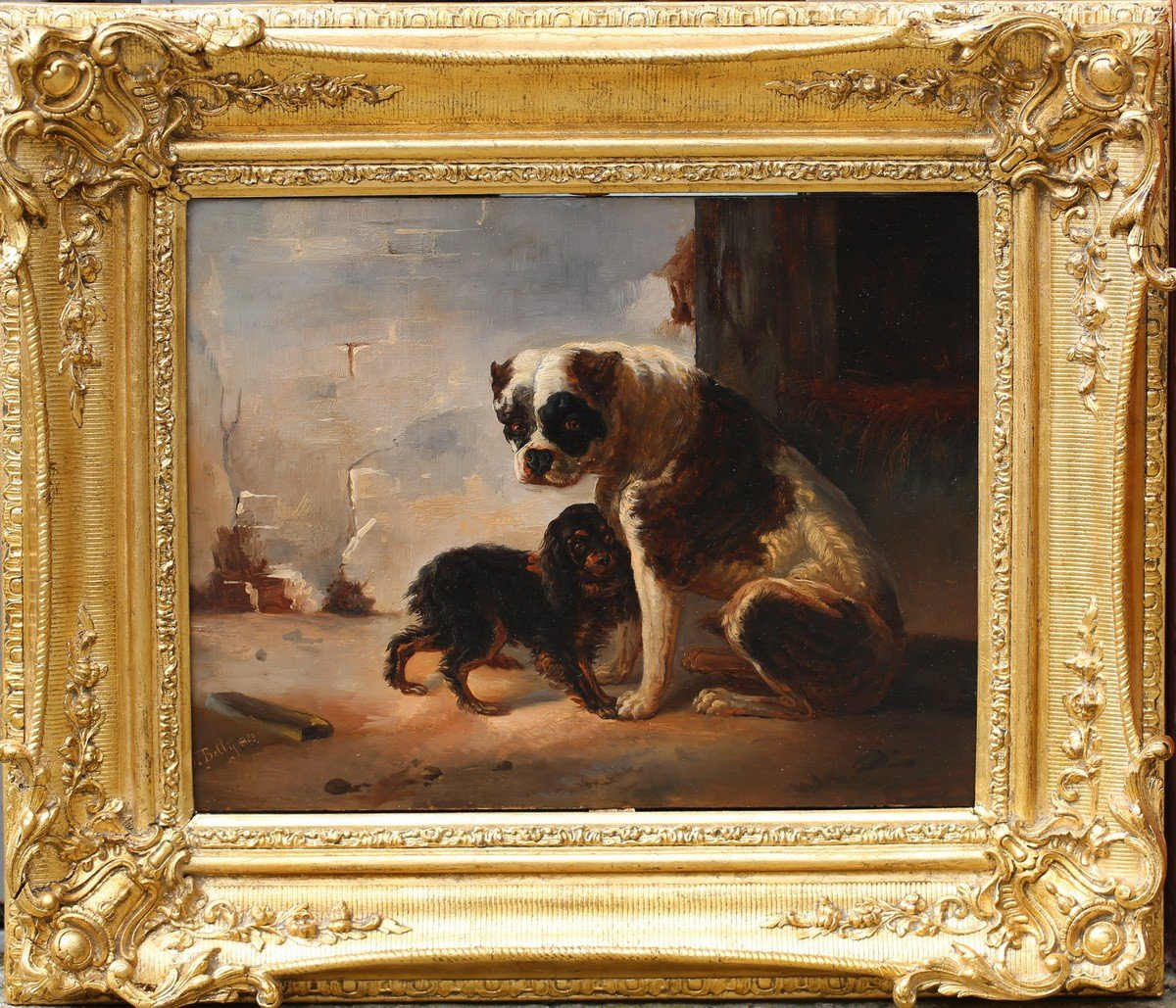 Ecole Française Du XIXème, S Belly 1853, Deux Chiens, Huile Sur Panneau .