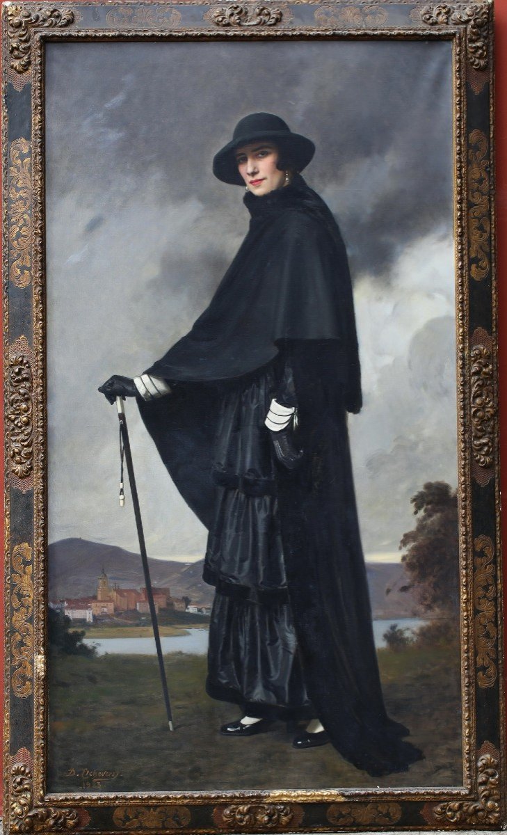 Denis Etcheverry 1867-1950, Portrait En Pied De Jeanne Gompel à Hendaye.