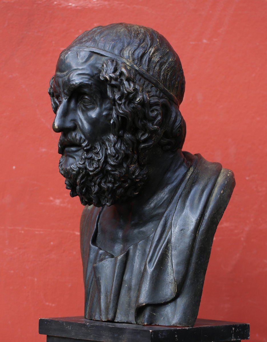 Italy Late 19th Century, Bust Of Homer, Patinated Bronze.-photo-3