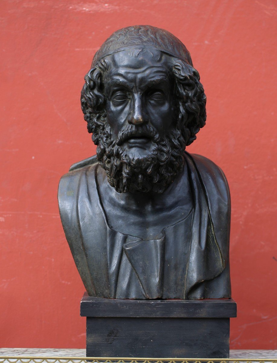 Italy Late 19th Century, Bust Of Homer, Patinated Bronze.