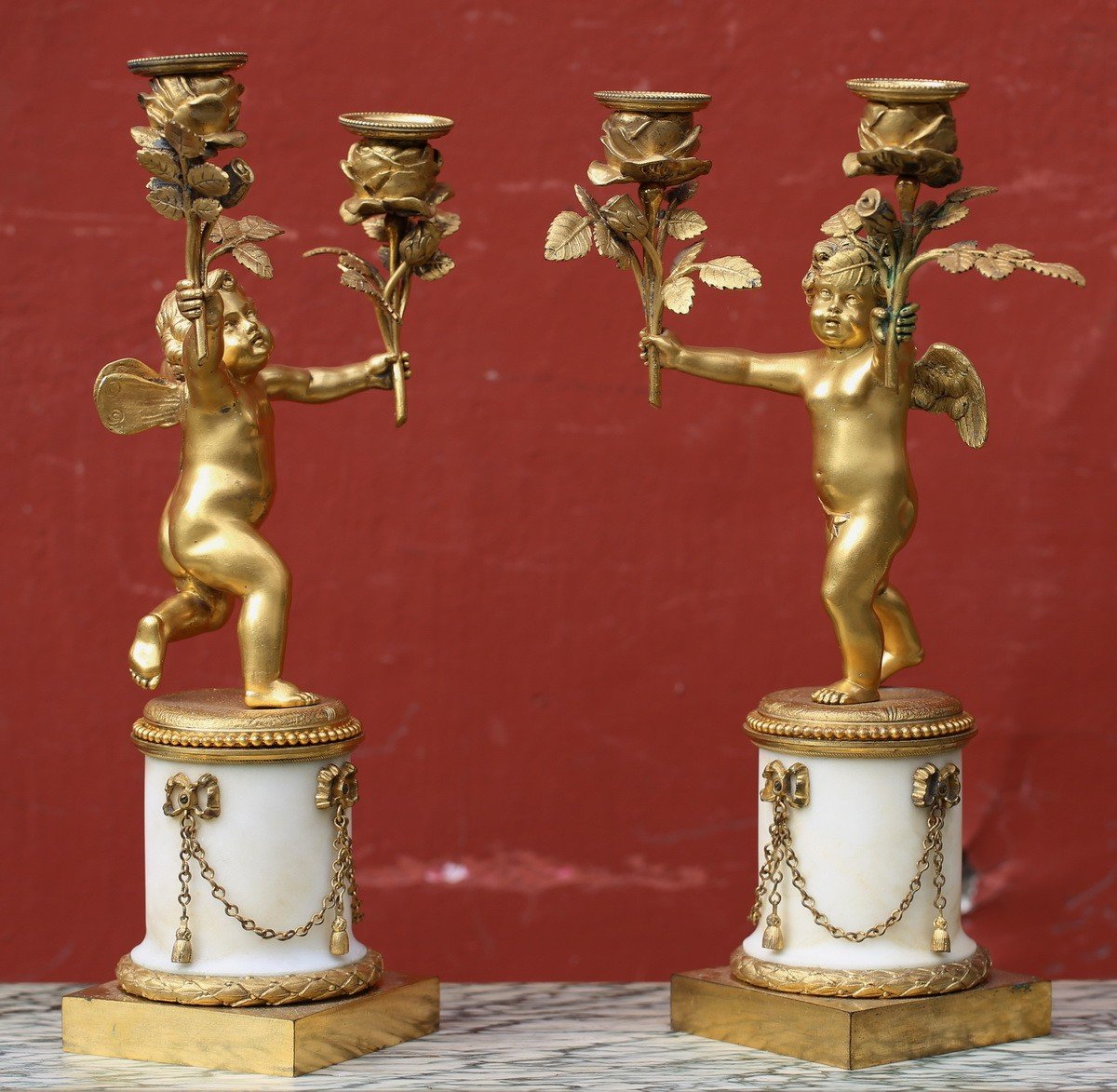 Pair Of Angelots Candlesticks, With Two Arms Of Lights Louis XVI Style Circa 1800