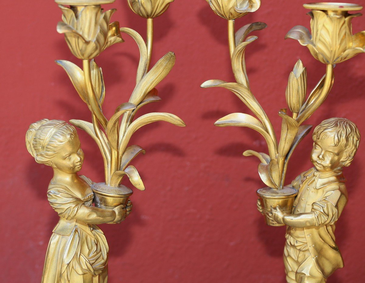 Paire De Candélabres D époque Louis XVI, à Deux Bras De Lumières, Enfants Jardiniers-photo-4