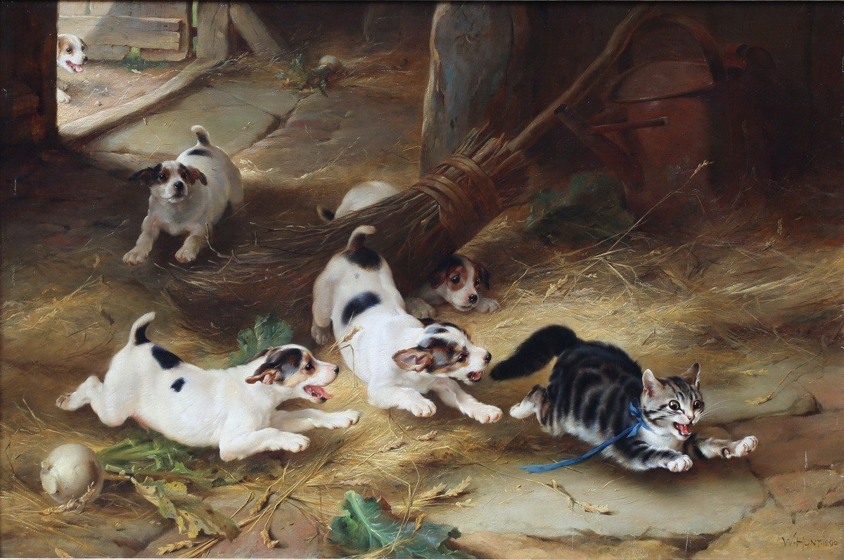 Walter Hunt 1861-1941, Jack Russell Puppies Running A Cat, Oil On Canvas Signed And Dated 1890-photo-2