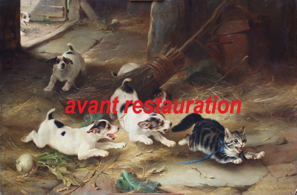 Walter Hunt 1861-1941, Jack Russell Puppies Running A Cat, Oil On Canvas Signed And Dated 1890-photo-4