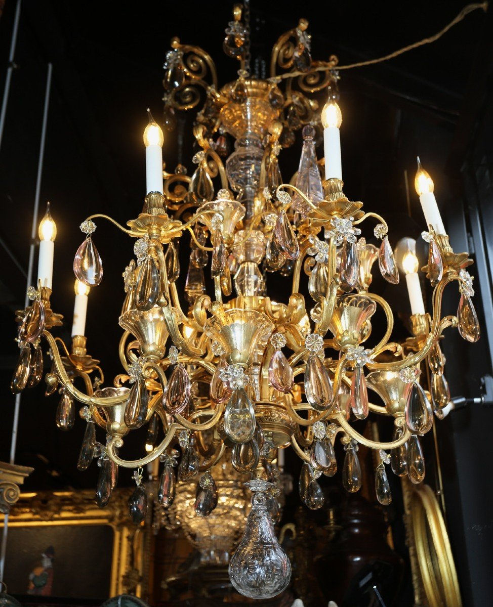 Pair Of Chandeliers In Bronze And Gold-plated Brass, Early 20th Century, Transition Style, 8 Lights.-photo-4