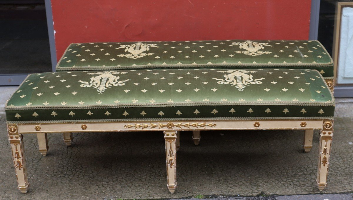 Pair Of Restoration Period Benches In Lacquered And Gilded Wood, Decorated With Lotus Flowers-photo-2