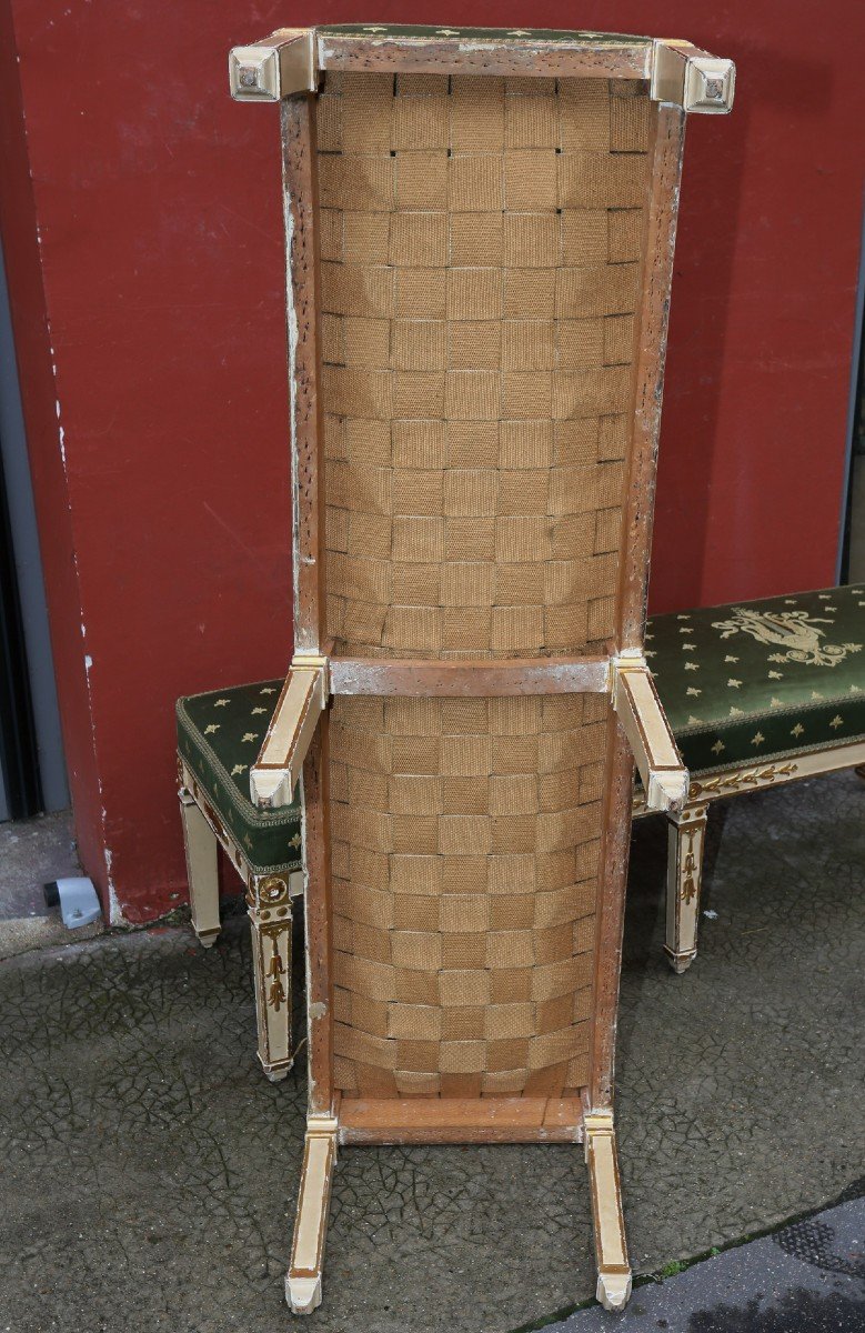 Pair Of Restoration Period Benches In Lacquered And Gilded Wood, Decorated With Lotus Flowers-photo-3