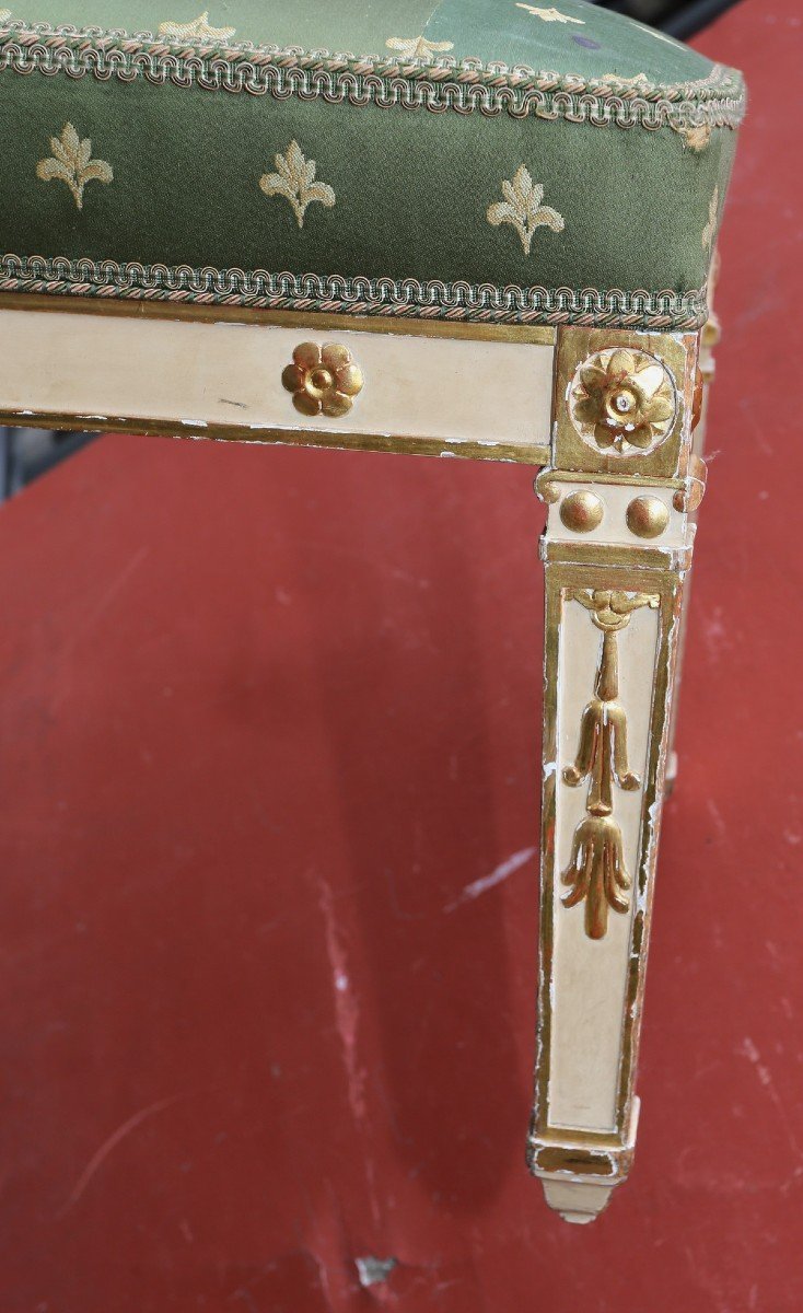 Pair Of Restoration Period Benches In Lacquered And Gilded Wood, Decorated With Lotus Flowers-photo-4