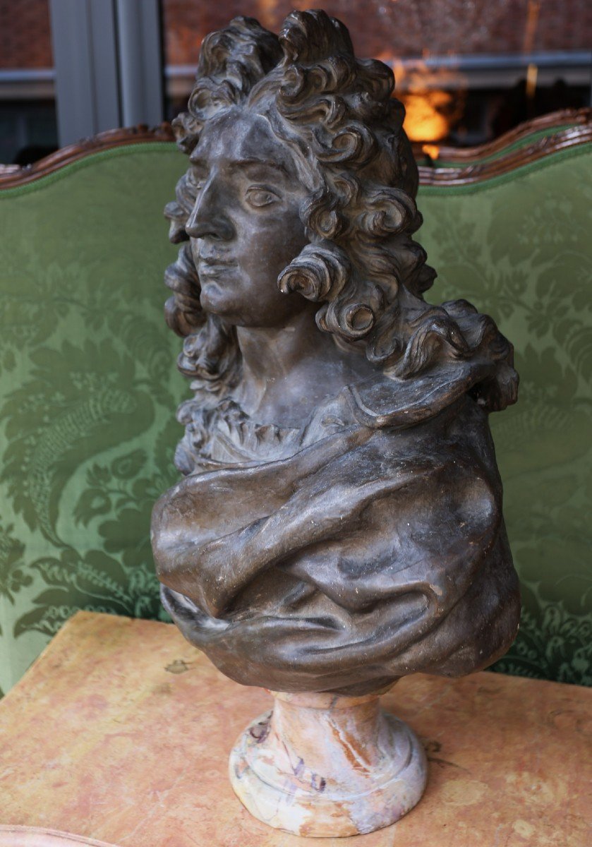 Ecole Française Du XIXème, Buste En Terre Cuite De Louis XIV Sur Pied Douche En Marbre -photo-2