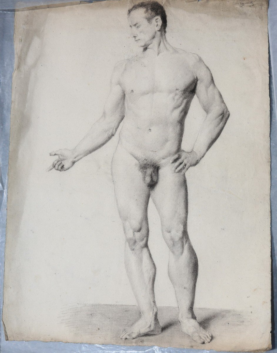 Serie Of 10 Drawings, Male Nudes, School Work From The 19th Century-photo-2