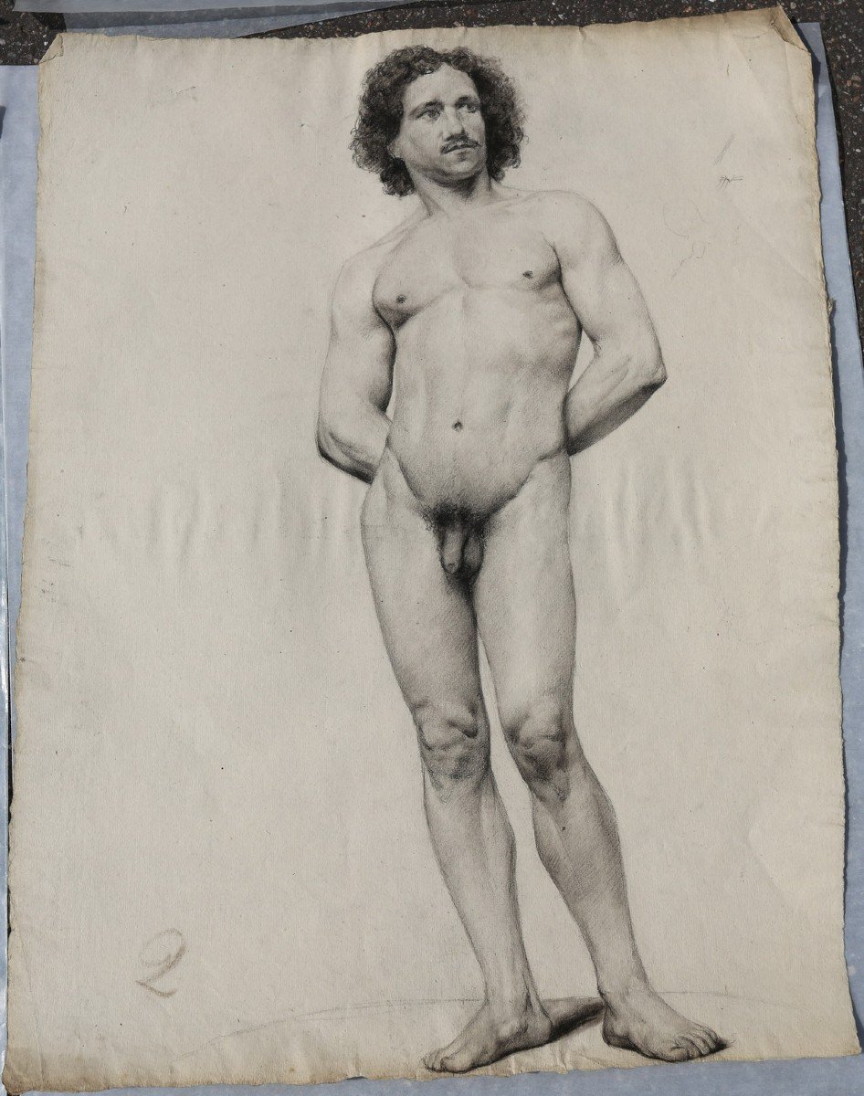 Serie Of 10 Drawings, Male Nudes, School Work From The 19th Century-photo-3