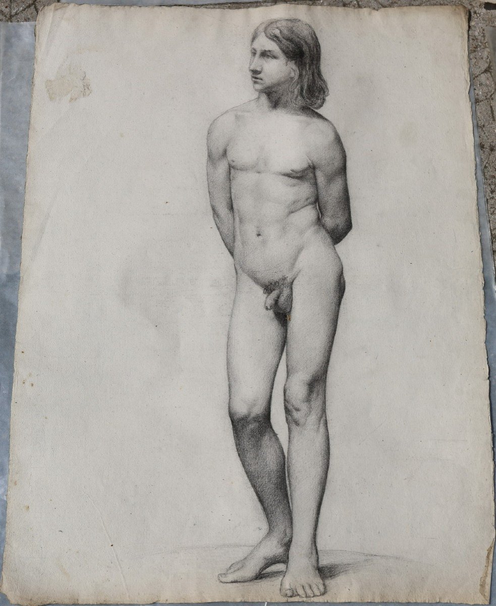 Serie Of 10 Drawings, Male Nudes, School Work From The 19th Century-photo-3