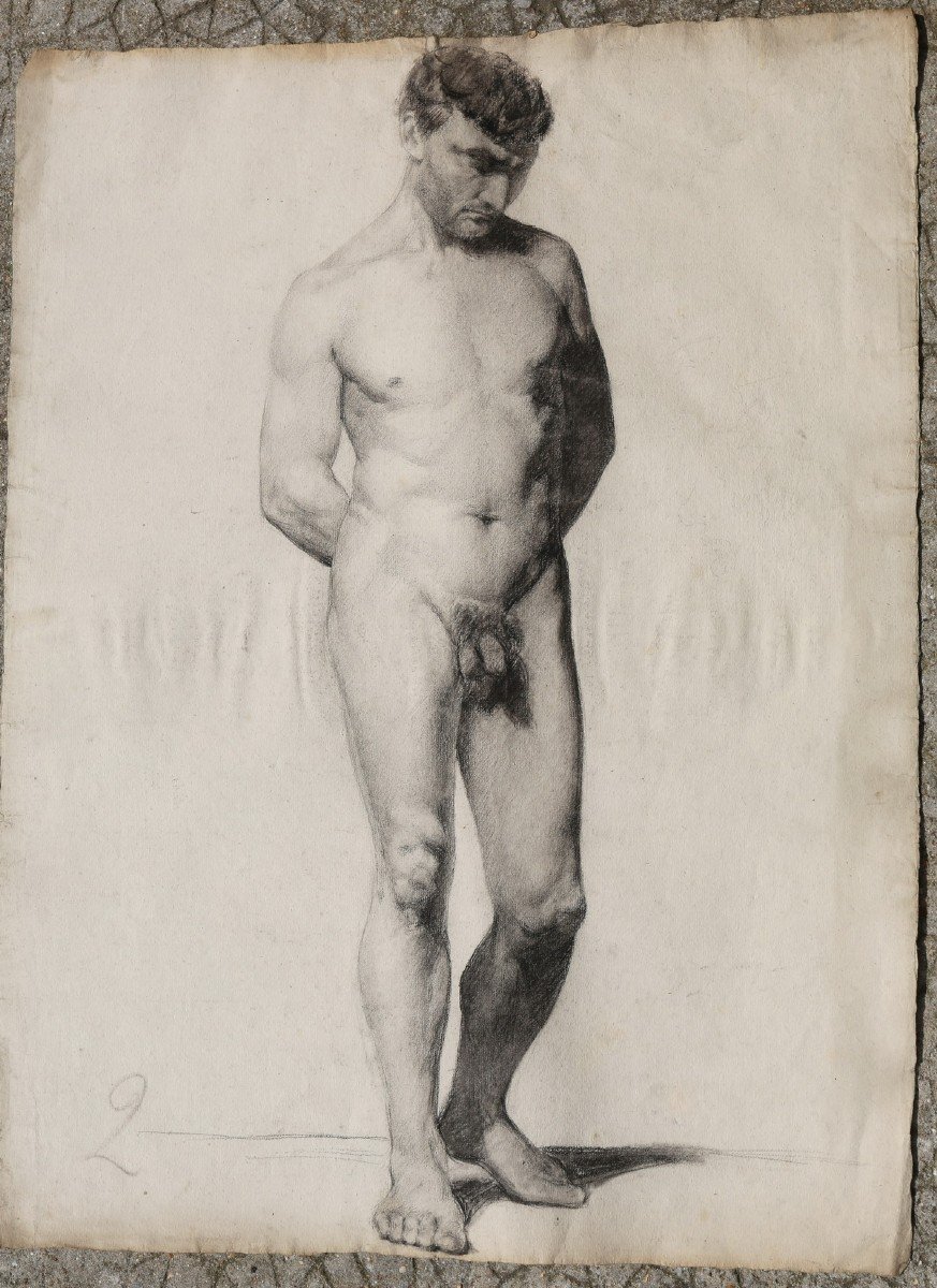 Serie Of 10 Drawings, Male Nudes, School Work From The 19th Century-photo-4