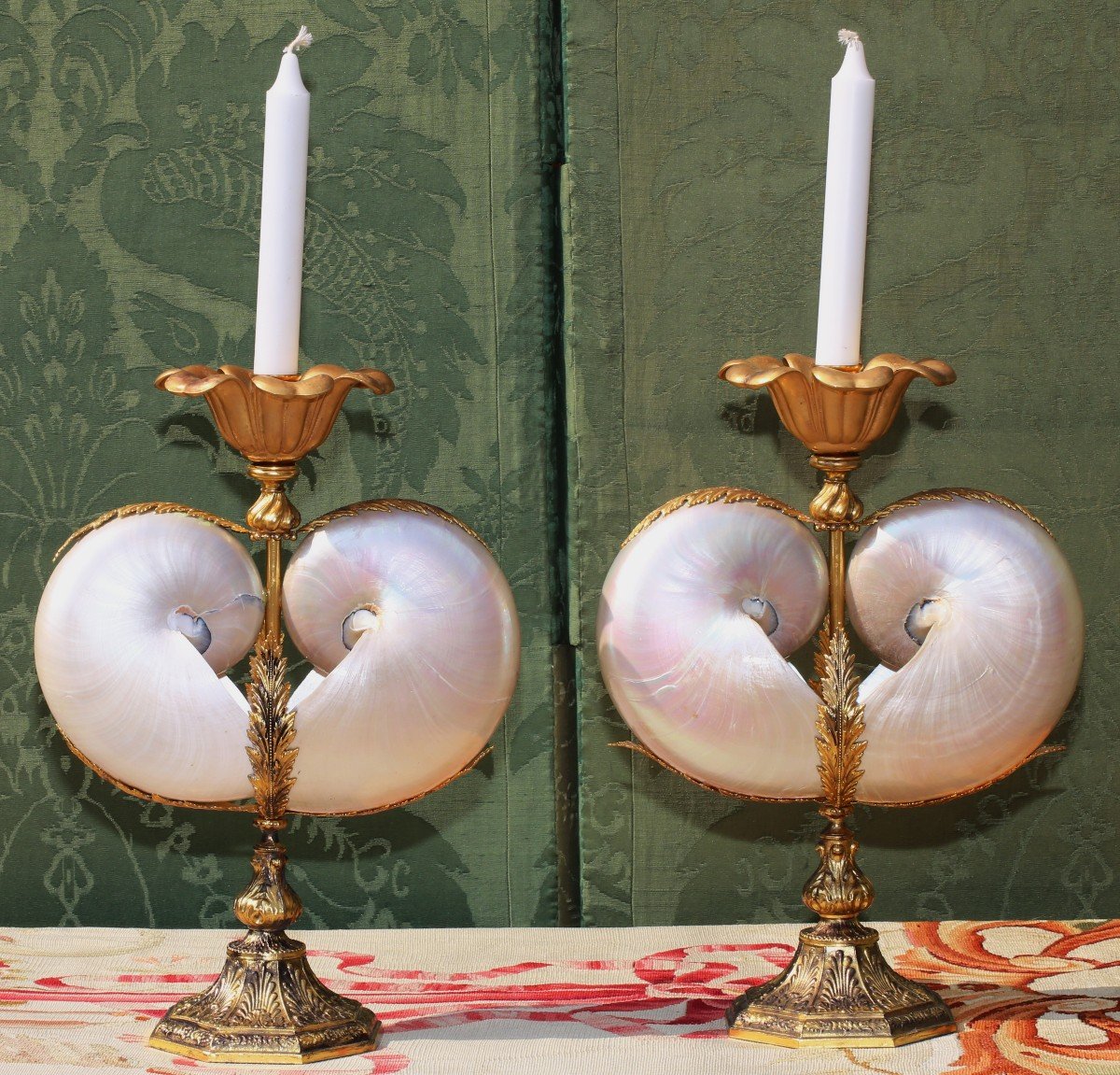 Pair Of Baroque Style Candlesticks, Gilt Bronze And Nautilus, Circa 1960-photo-2