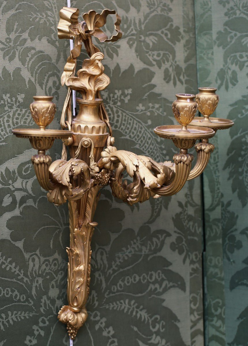 Paire D Appliques De Style Louis XVI, à 3 Bras De Lumière Circa 1880-photo-2