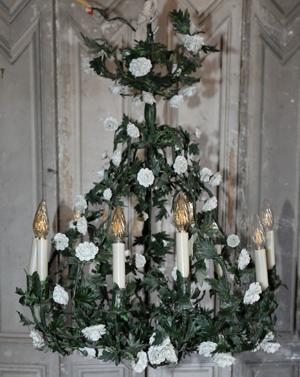 Louis XV Style Painted Sheet Metal And Porcelain Flower Chandelier, 10 Lights, Mid-20th Century-photo-2