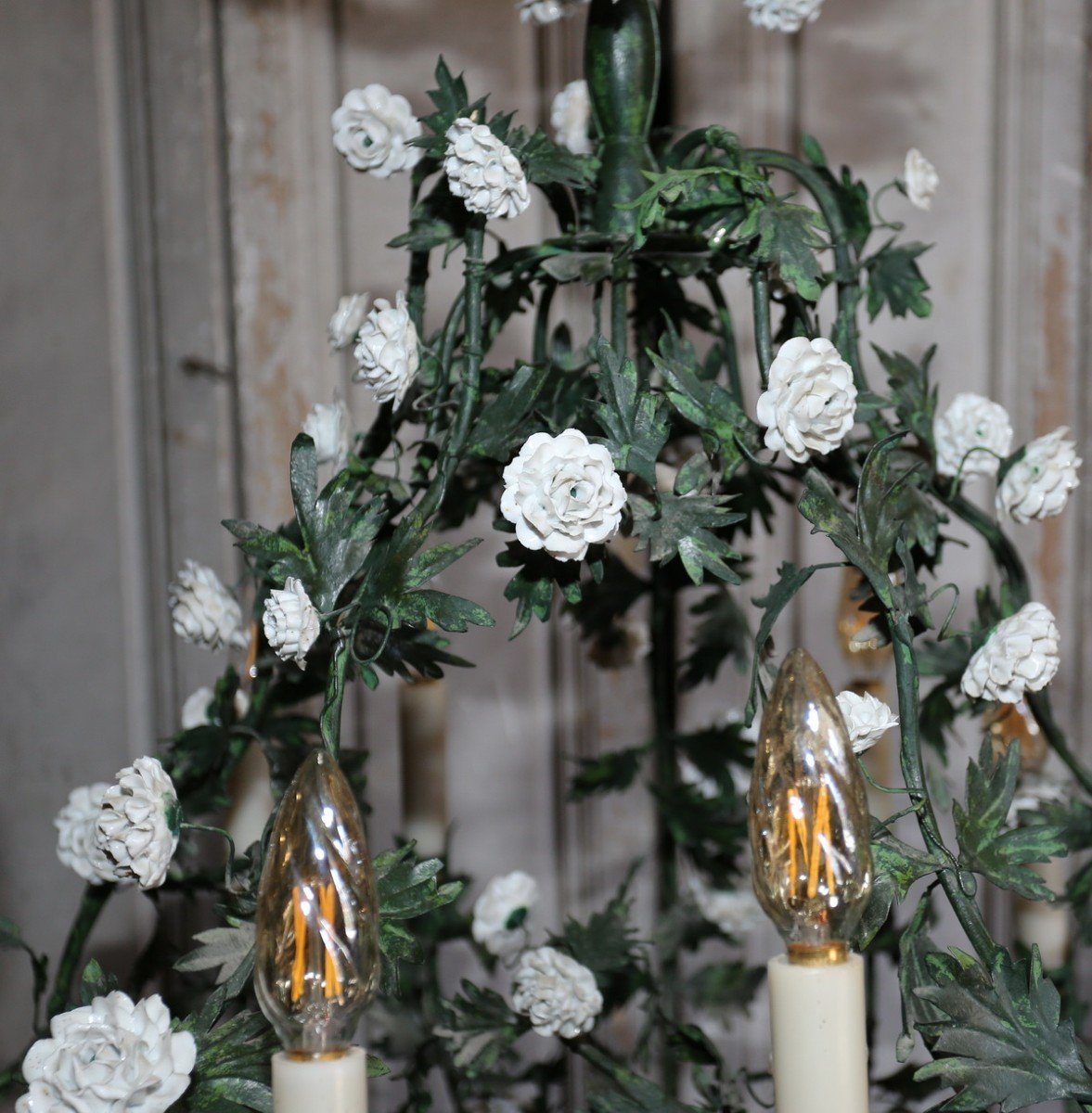 Louis XV Style Painted Sheet Metal And Porcelain Flower Chandelier, 10 Lights, Mid-20th Century-photo-3