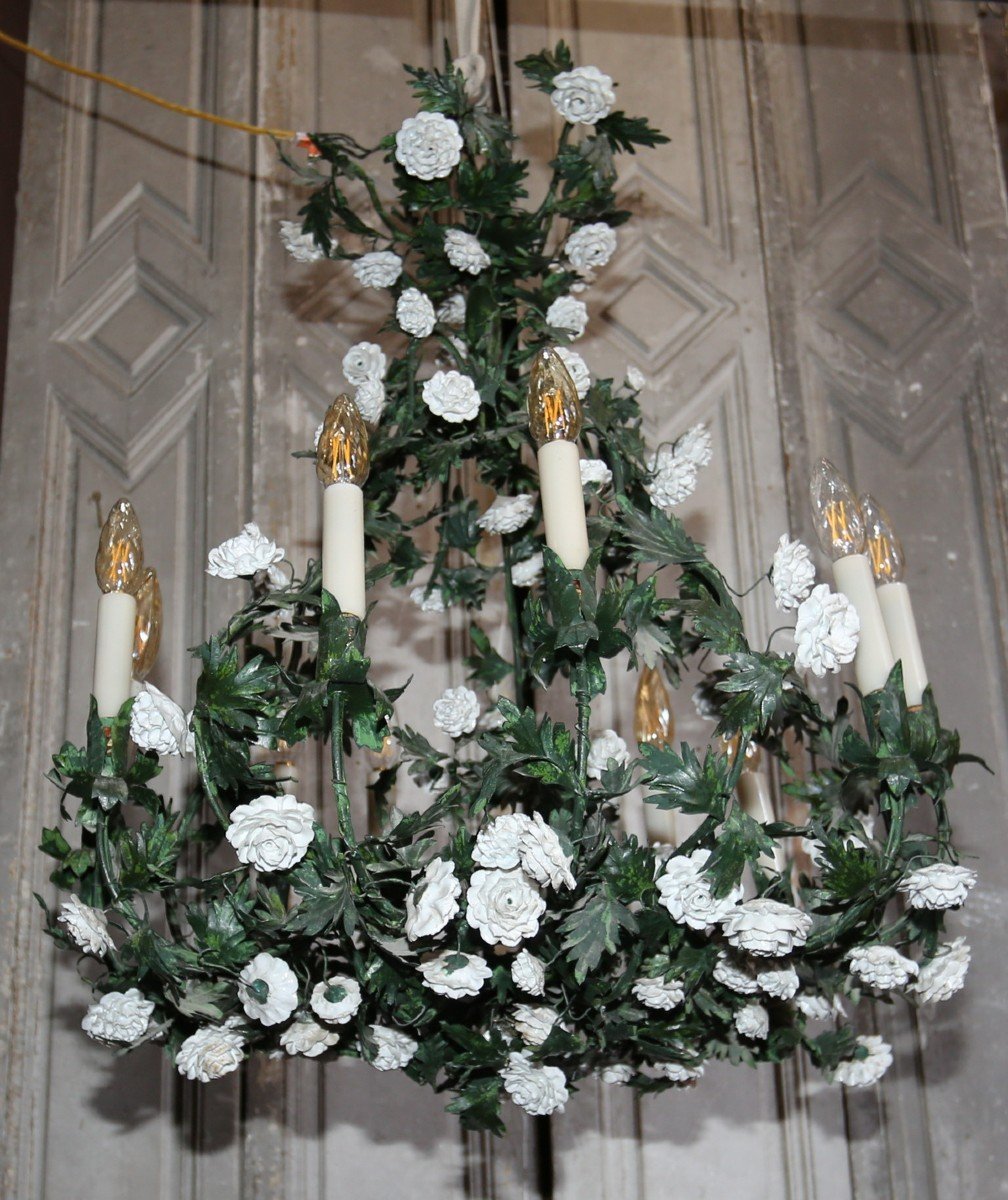 Louis XV Style Painted Sheet Metal And Porcelain Flower Chandelier, 10 Lights, Mid-20th Century