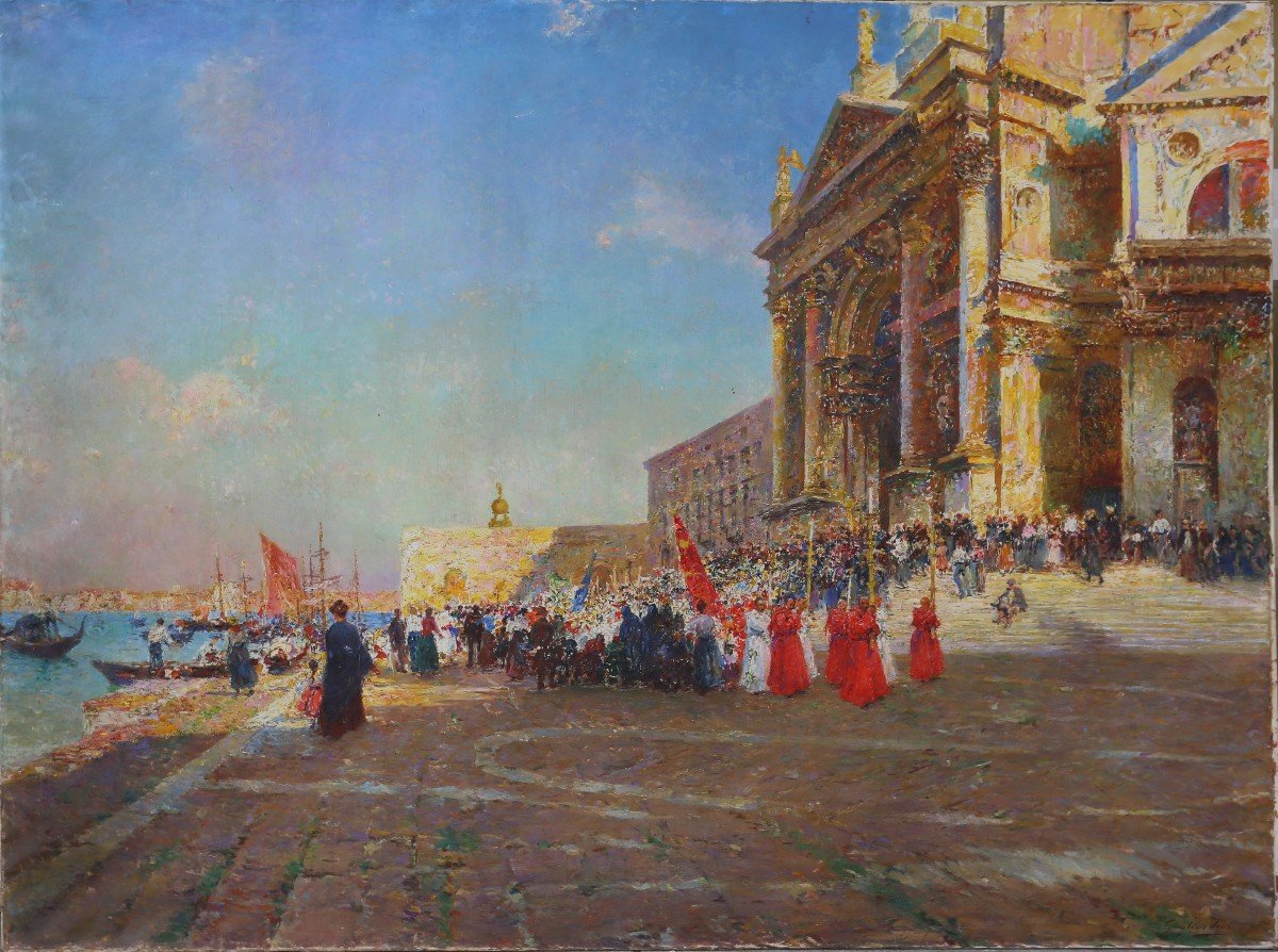 Julien Gustave Gagliardini 1846-1927, Procession In Front Of The Salute In Venice.