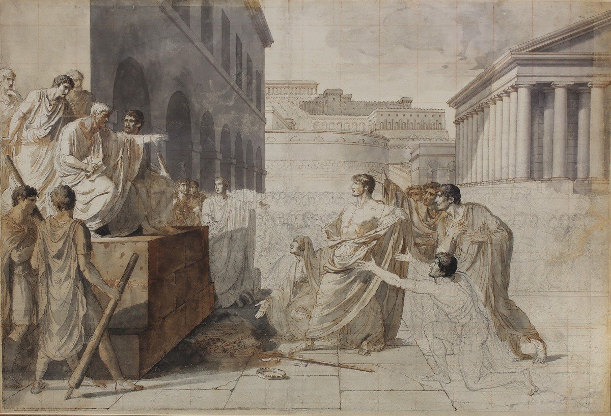 Jean François Peyron 1744-1814  Autour De, Brutus Condamnant Ses Fils à Mort, Dessin Et Lavis.-photo-2