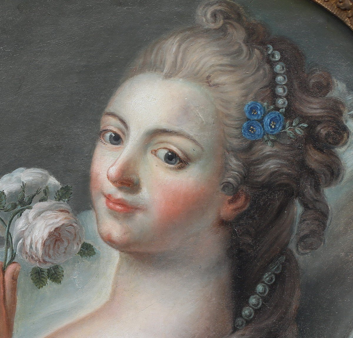 Ecole Française Du XVIII, Portrait De Jeune Femme à La Rose, Cadre Bois Sculpté.-photo-4