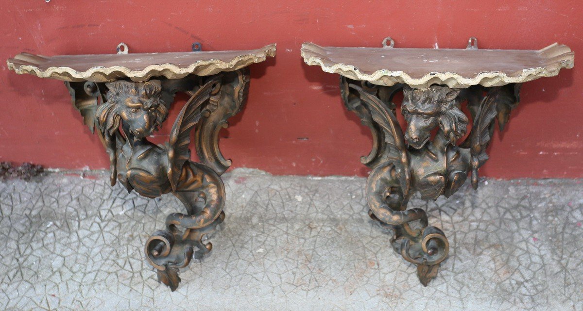 Italy 19th Century, Pair Of Wall Consoles Decorated With Winged Dragons-photo-2