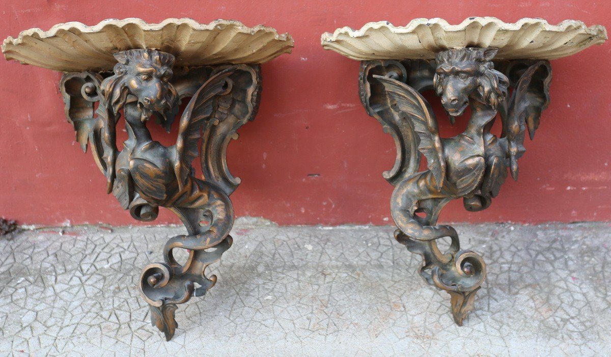 Italy 19th Century, Pair Of Wall Consoles Decorated With Winged Dragons