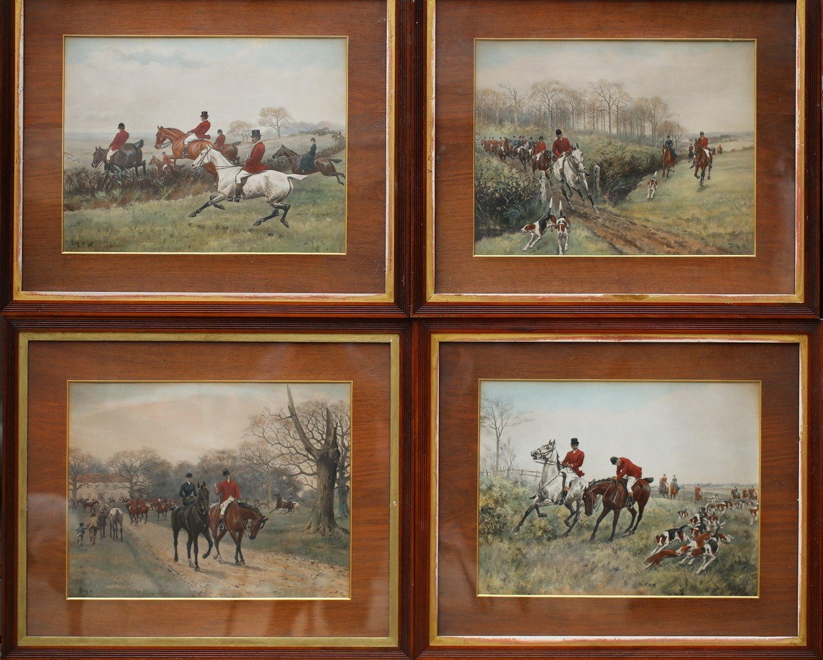 Thomas Blinks 1860-1912, Scènes De Chasse à Courre, Aquarelles Gouachées Sur Papier 